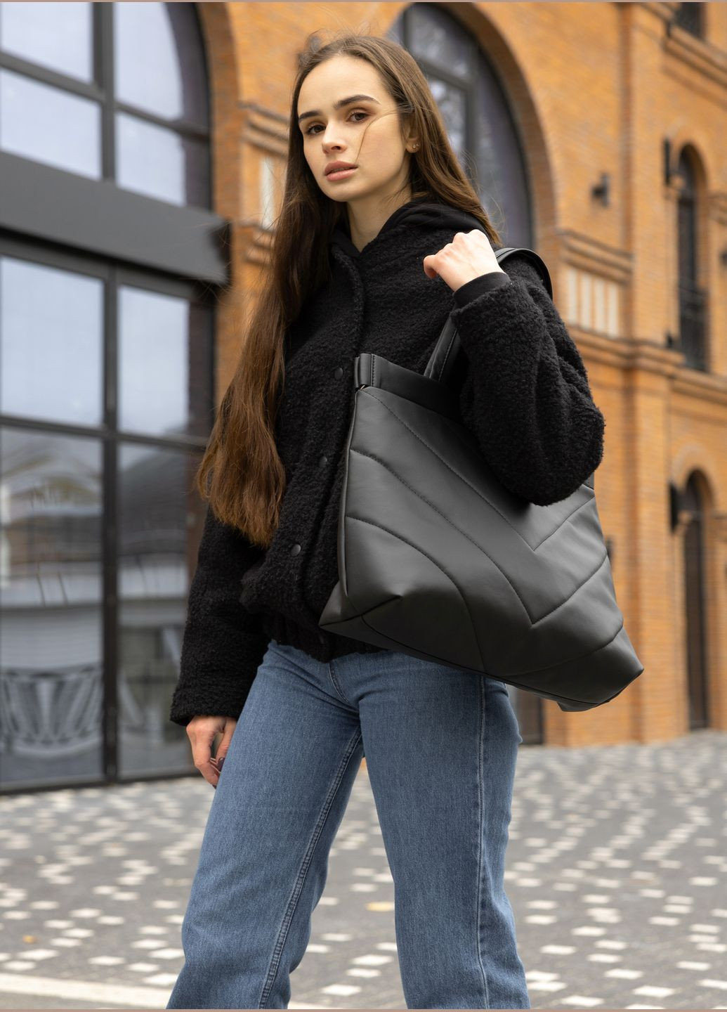 Женская большая сумка шопер строченая черная Sambag (326801662)