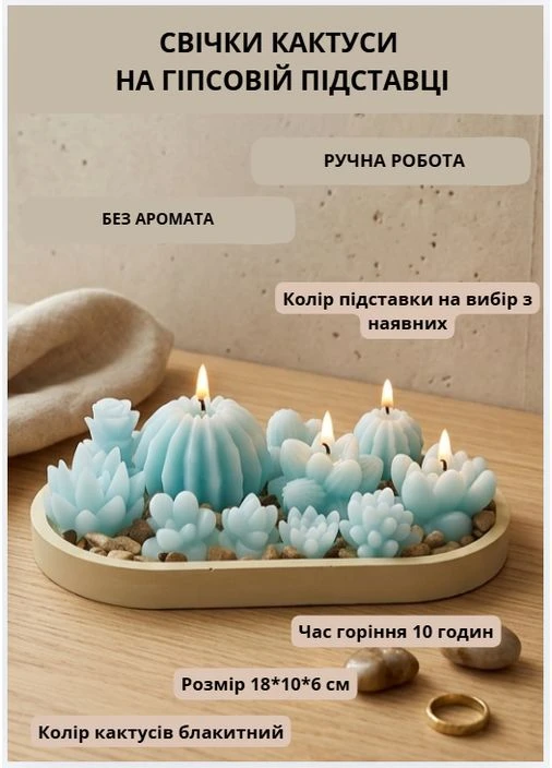Свічки парафінові Кактуси набір свічок декоративних "Сукуленти" блакитний на овальній гіпсовій підставці Handmade Studio - AV (395865477)