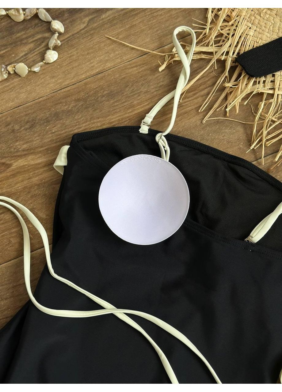 Черный летний женский купальник с белой полоской / женский купальник черный минималистичный с контрастным верхом No Brand