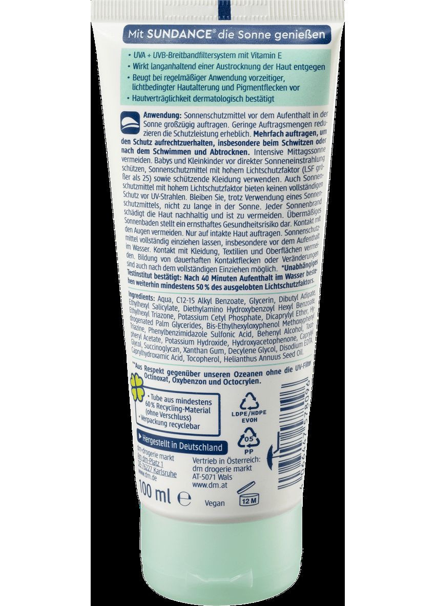 Солнцезащитный крем для чувствительной кожи SUNDANCE Sonnencreme sensitiv LSF 30, 100 ml No Brand (367610557)