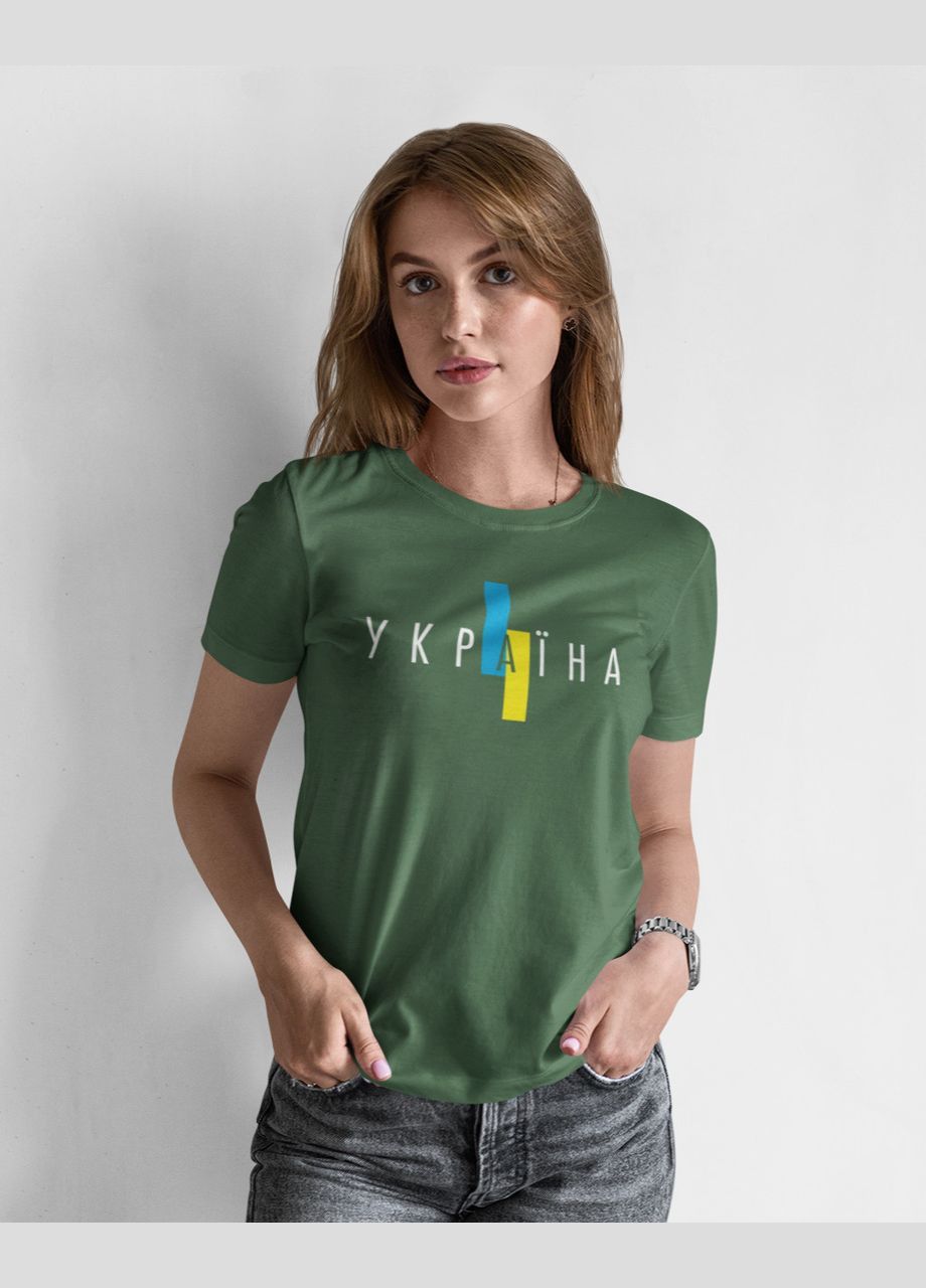 Хакі (оливкова) літня футболка жіноча патріотична з написом хакі 44 Mishe 240016