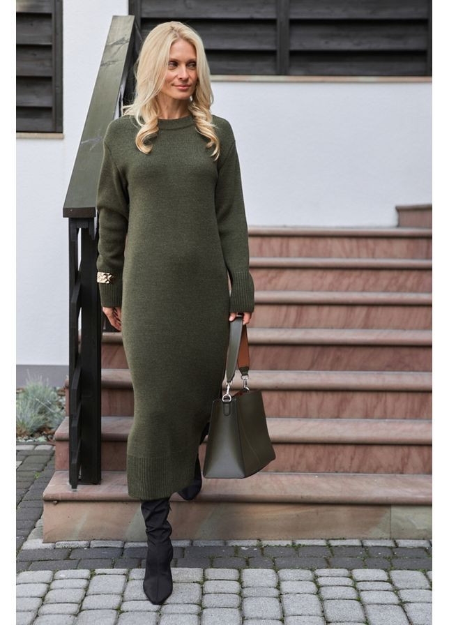 Оливкова (хакі) сукня з коміром 2873 льон Triko Bakh