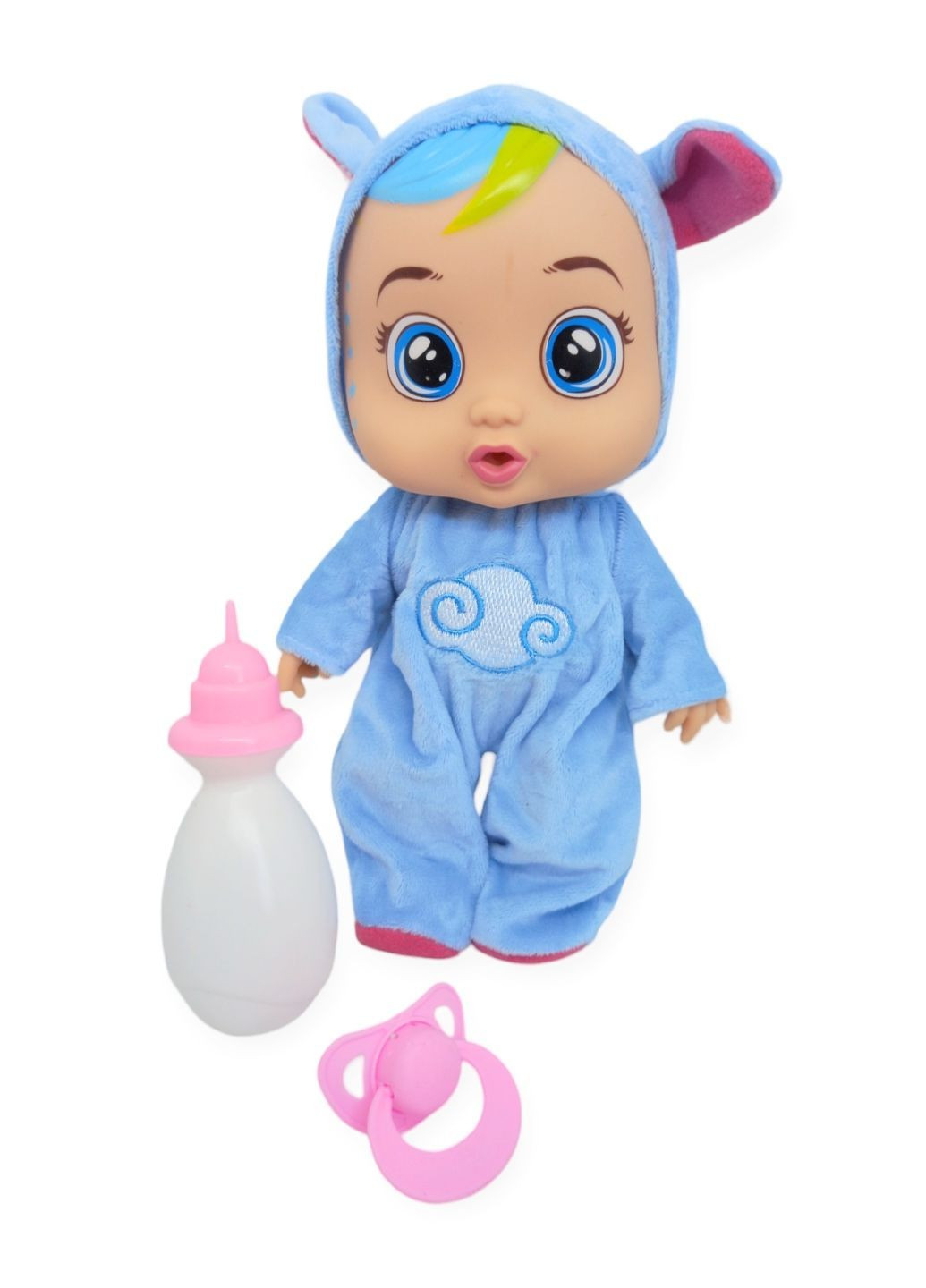Лялька пупс розмовляє плаче сміється в костюмі хмаринки 25,5 см Baby Lovely з соскою і пляшечкою No Brand (295600052)