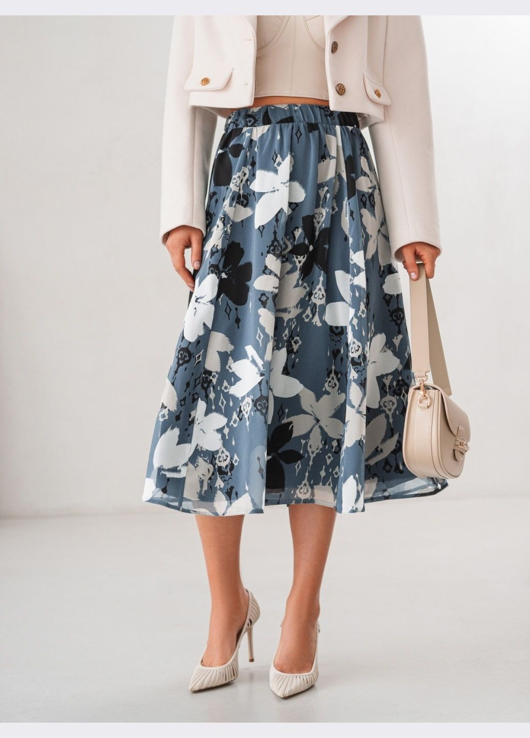 шифонова спідниця-міді з квітковим принтом сіра Dressa (324162193)