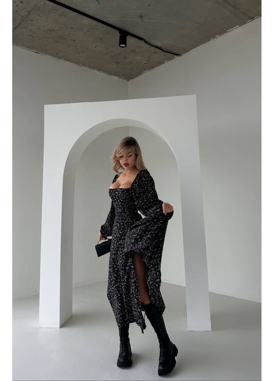 Чорна кежуал жіноча довга сукня з розрізом з відкритою спиною Україна з квітковим принтом
