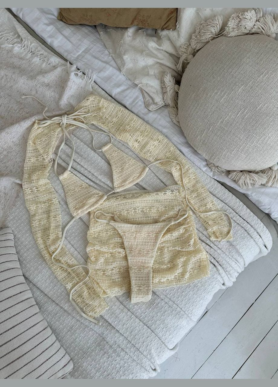 Бежевий літній витончений купальник в комплекті з накидкою та спідничкою роздільний No Brand