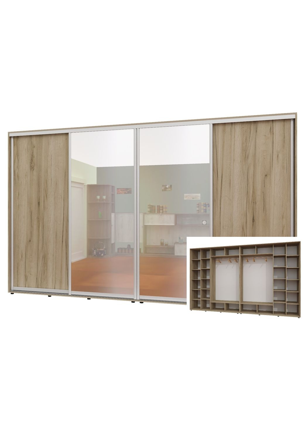 Шафа-купе чотиридверна 380*60*220 см Дуб крафт сірий 4 двері ДСП + Дзеркало + Дзеркало + ДСП ШК-02 Алекса (360479366)