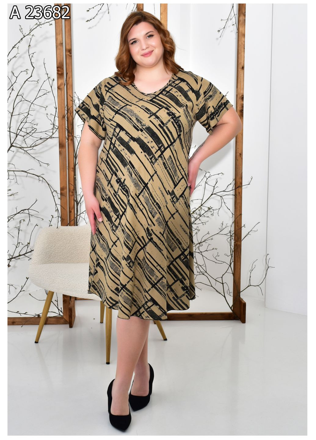 Бежева повсякденний жіноча літня сукня з принтом великого розміру SK