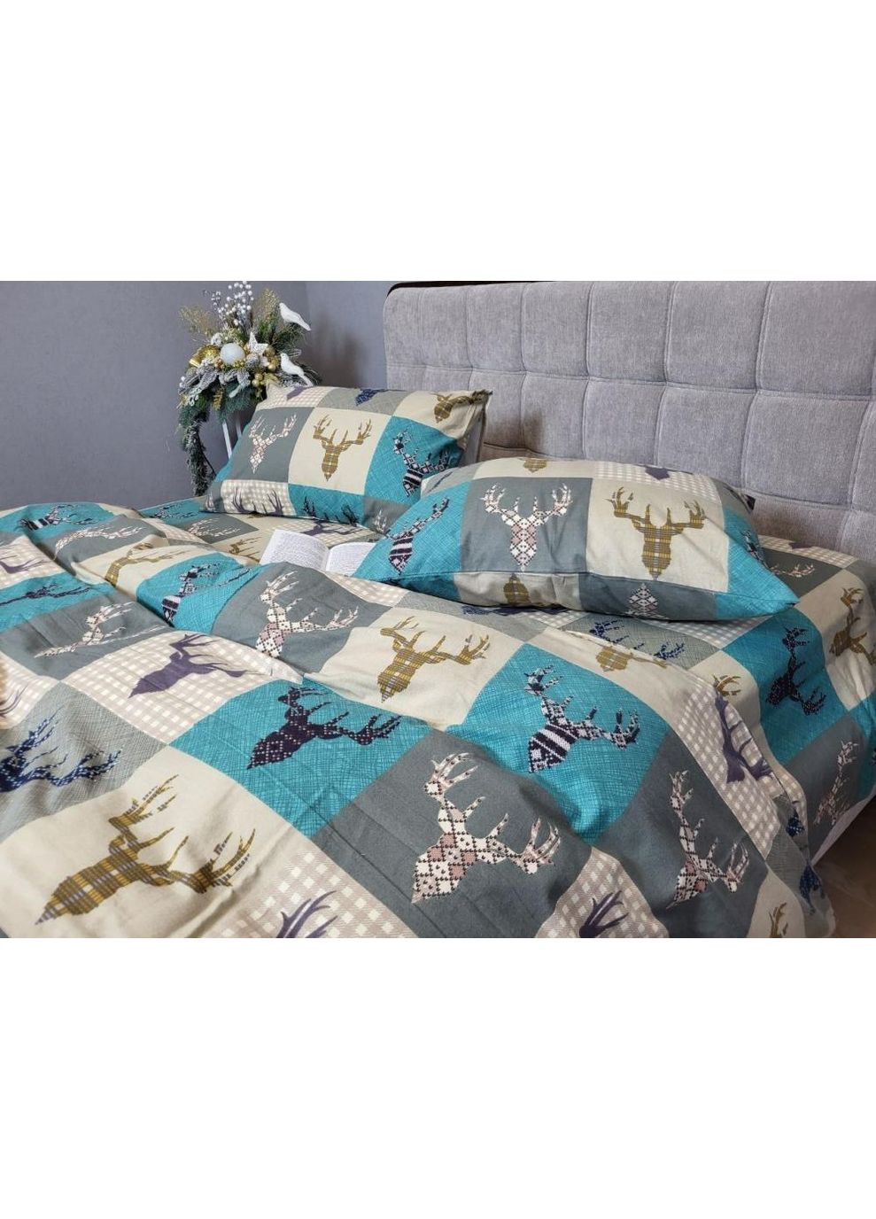 Постельное белье с резинкой Трофей бирюза, фланель(байка) Евро размер, наволочки 50/70 No Brand (364219595)