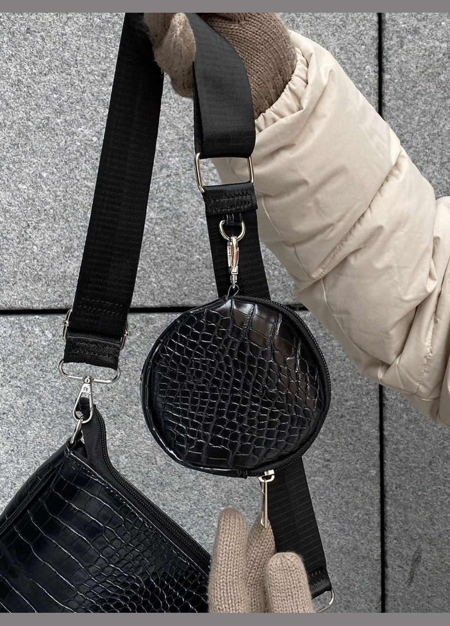 Женская сумка багет с кошельком рептилия T-132 черная No Brand (290038980)