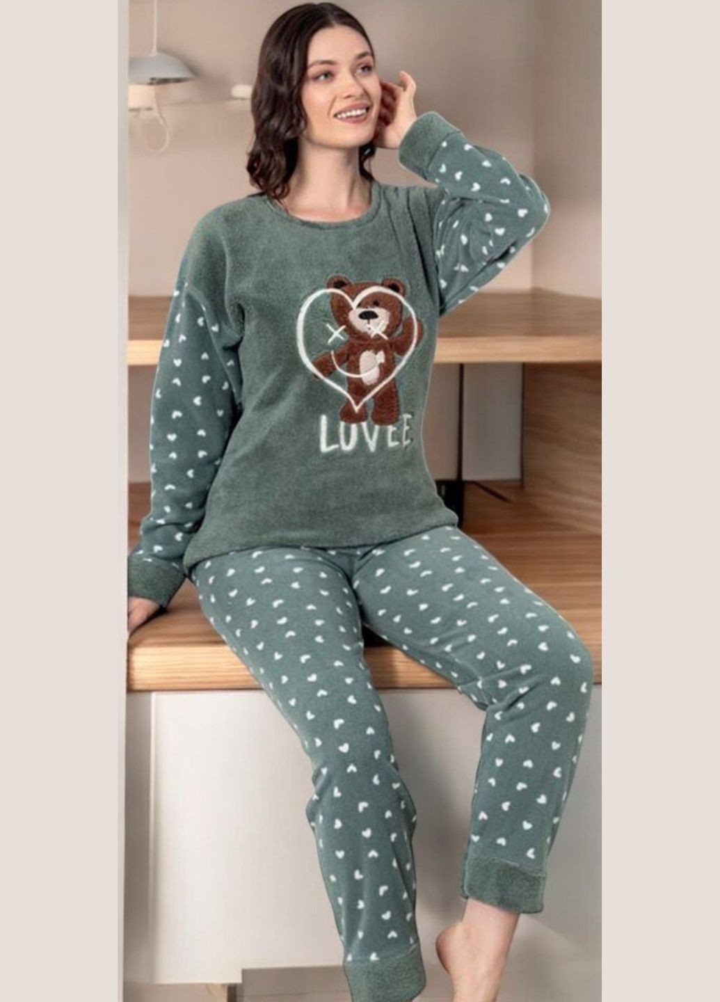 Женский флисовый домашний костюм пижама с длинным рукавом Bear in Heart (1481-44) LINDROS (305295799)