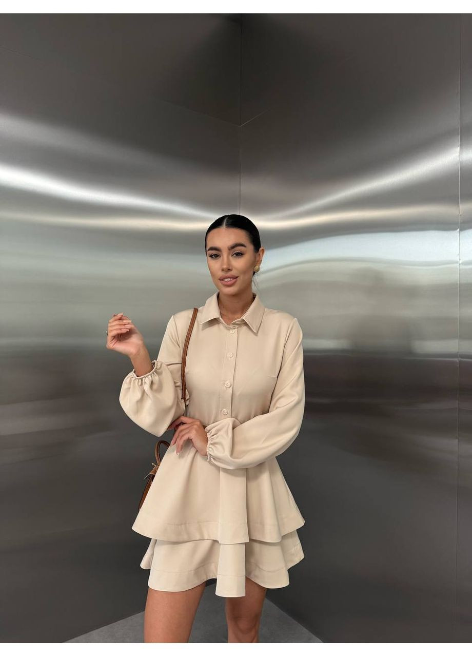 Бежева святковий, вечірня, ділова, кежуал жіноча сукня з воланами Style Point однотонна