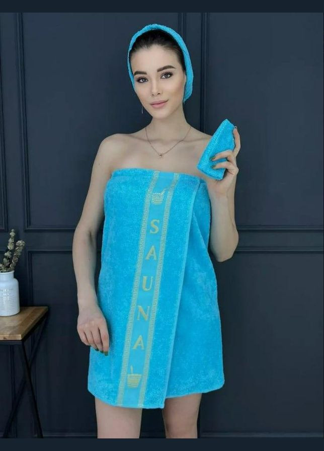 Махровый Турецкий банный набор с чалмой для бани и сауны Голубой (П4К-К0406-02) No Brand (323160799)