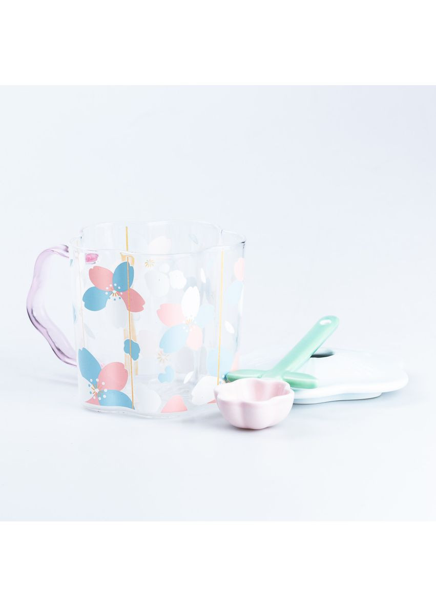 Чашка стеклянная 500 (мл) с ложкой и стеклянной крышкой принт Happy Life (367724322)