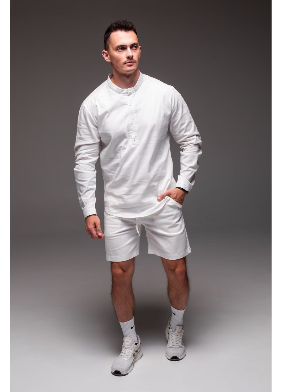 Молочний літній стильний чоловічий літній комплект із натурального льону з шортами, з сорочкою Vakko