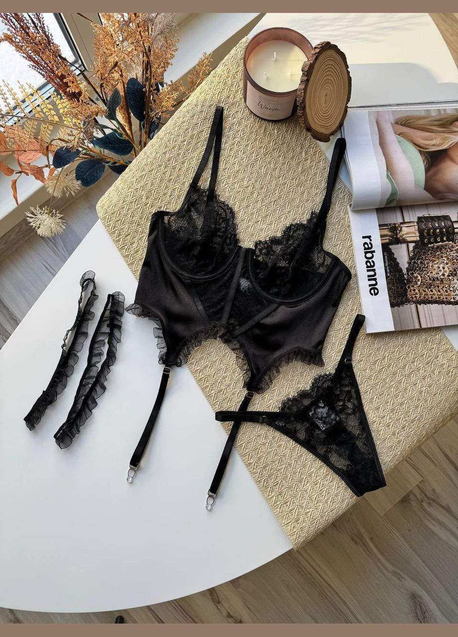 Чорний демісезонний спокусливий мереживний комплект корсетного типу No Brand