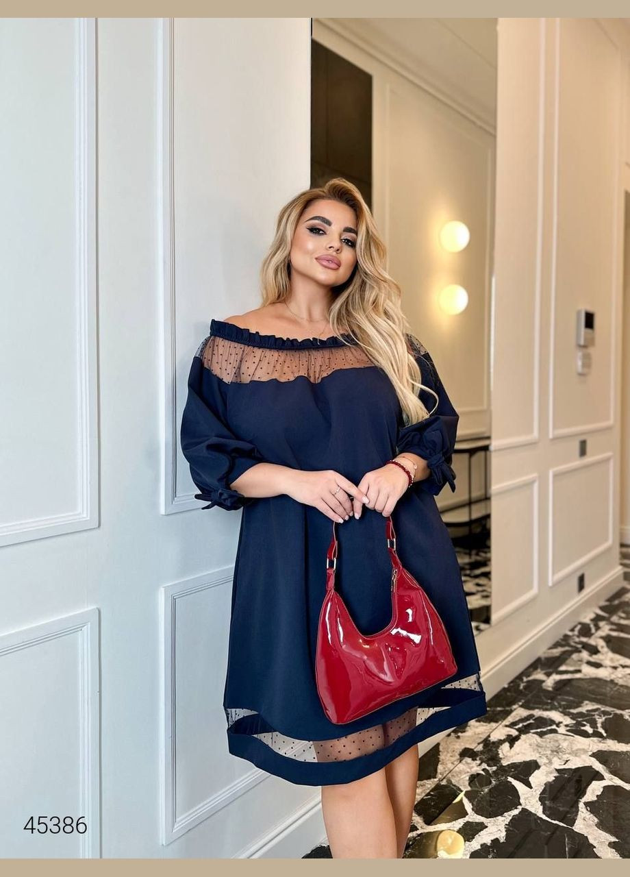 Темно-синее вечернее вечернее платье с открытыми плечами с открытыми плечами Liton