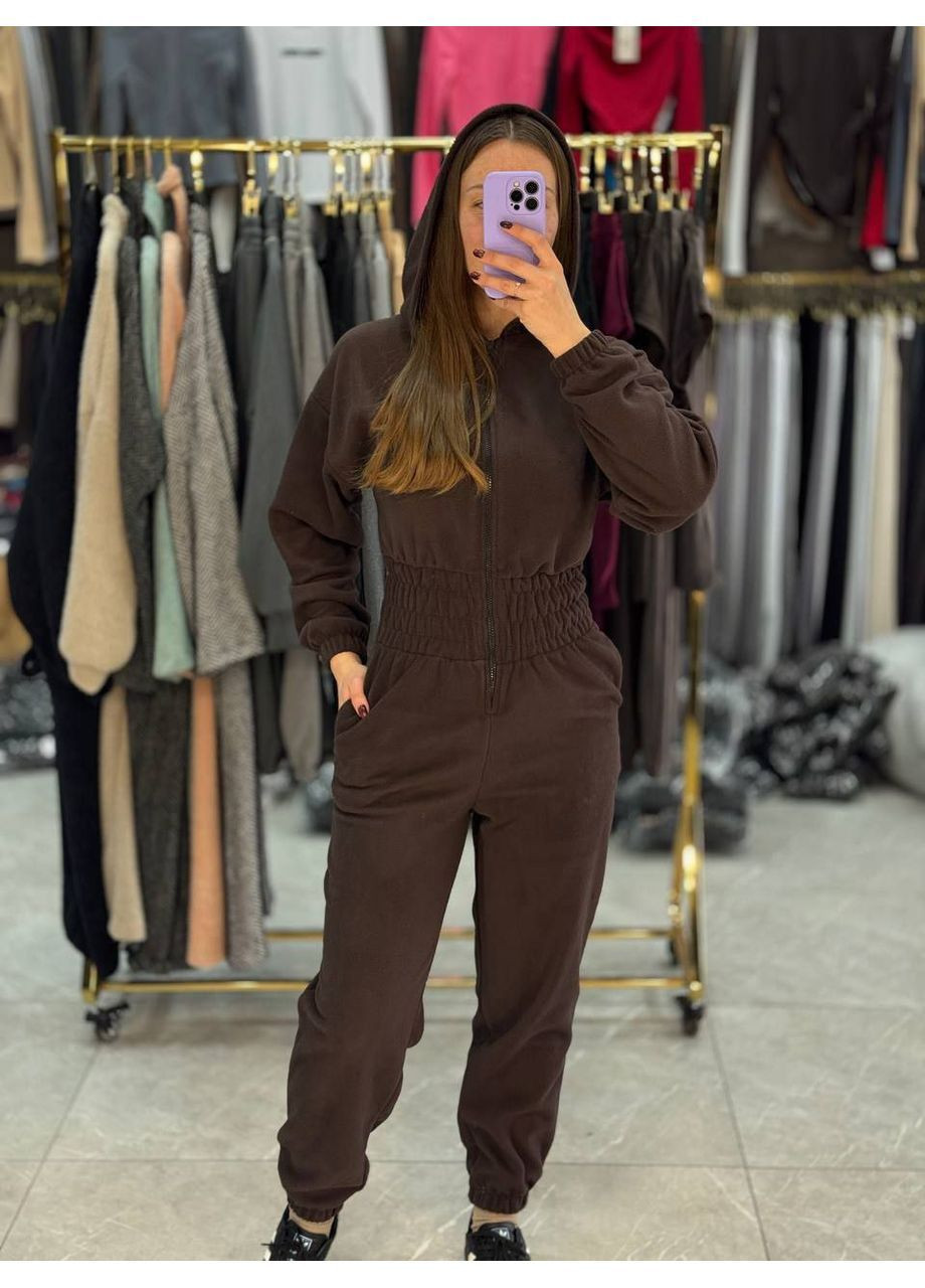 Стильний теплий жіночий комбінезон з флісу No Brand коричневий повсякденний фліс