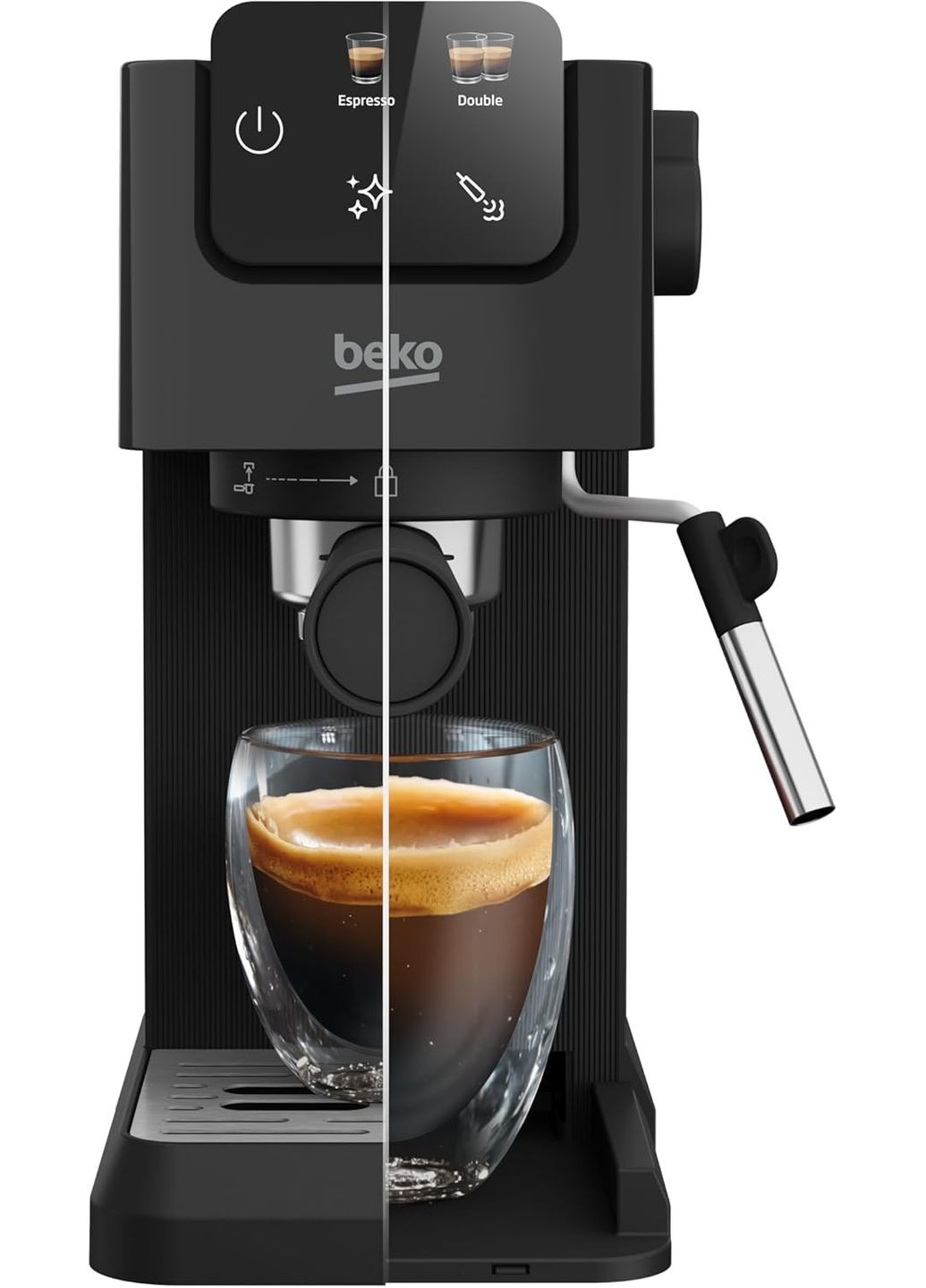 Кофеварка рожковая 1.1л, молотая, ручной капучинатор, подогрев чашек, авторецептов - 2, дисплей, черный BEKO (360401699)