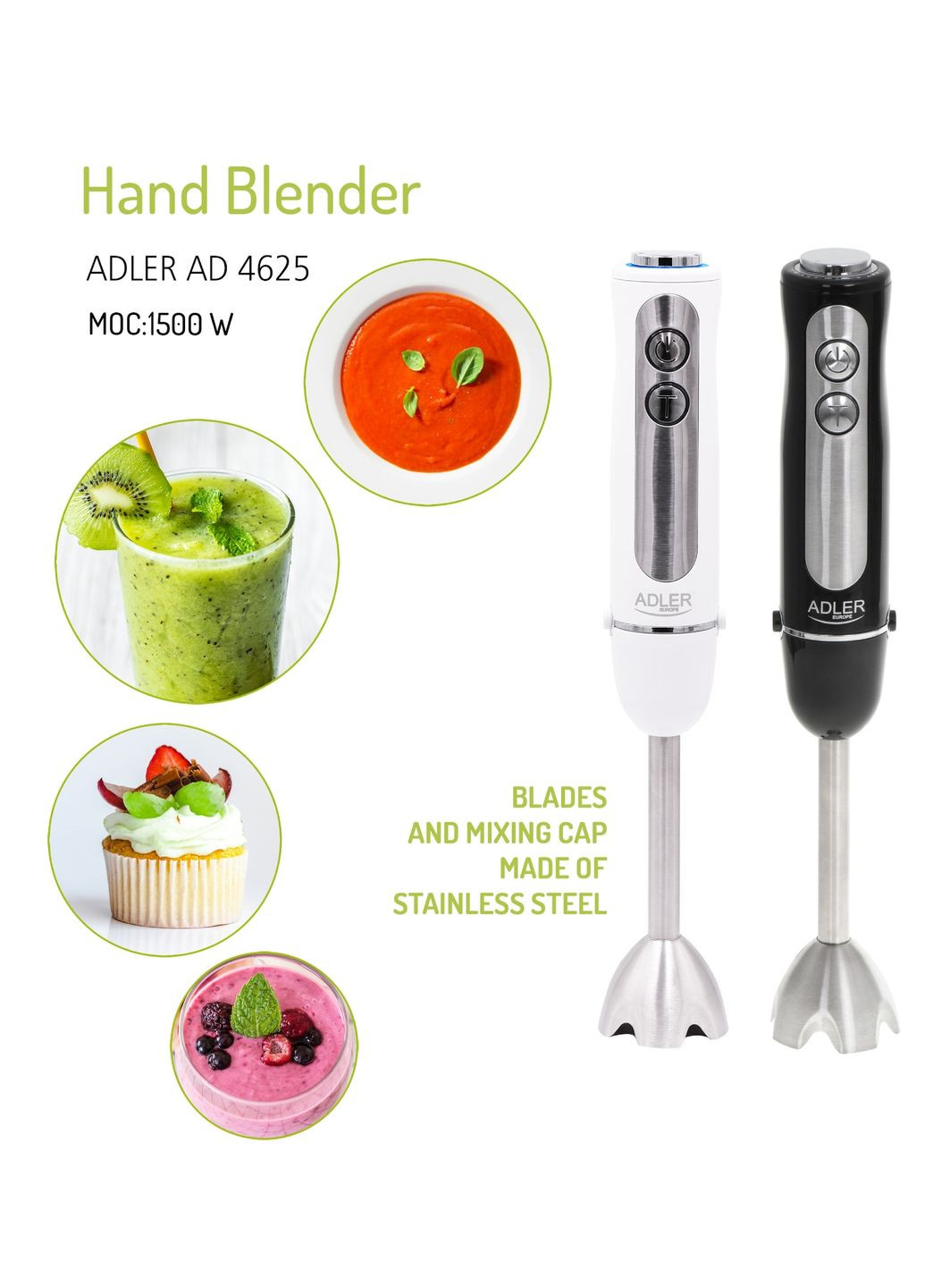 Блендер AD 4625 black ручной/ 1500Вт/ 5 быстрый/ без чаши/ Turbo/ Adler (362668474)