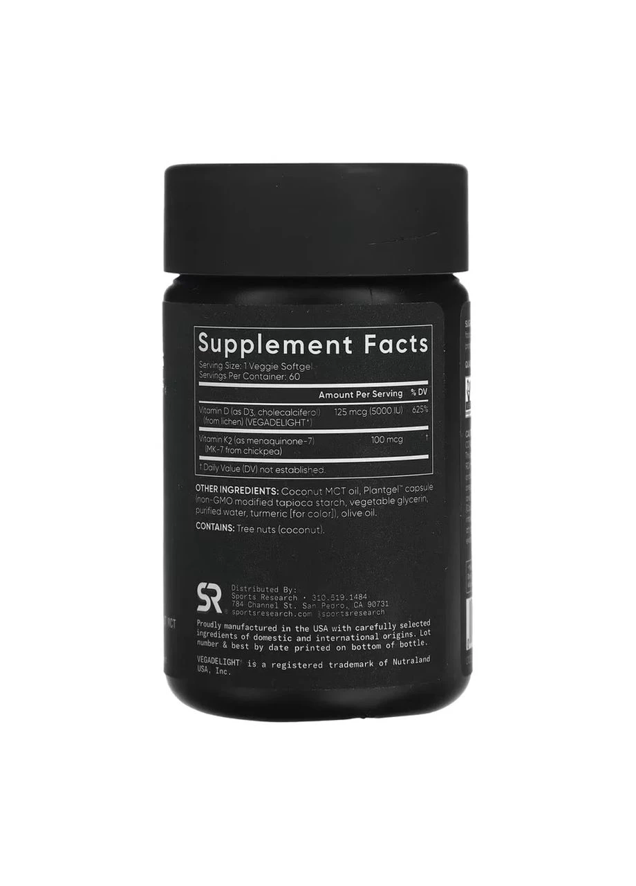 Вітамін Vegan D3 5000 МО + Vitamin K2 100 мкг, 60 капсул Sports Research (362971430)