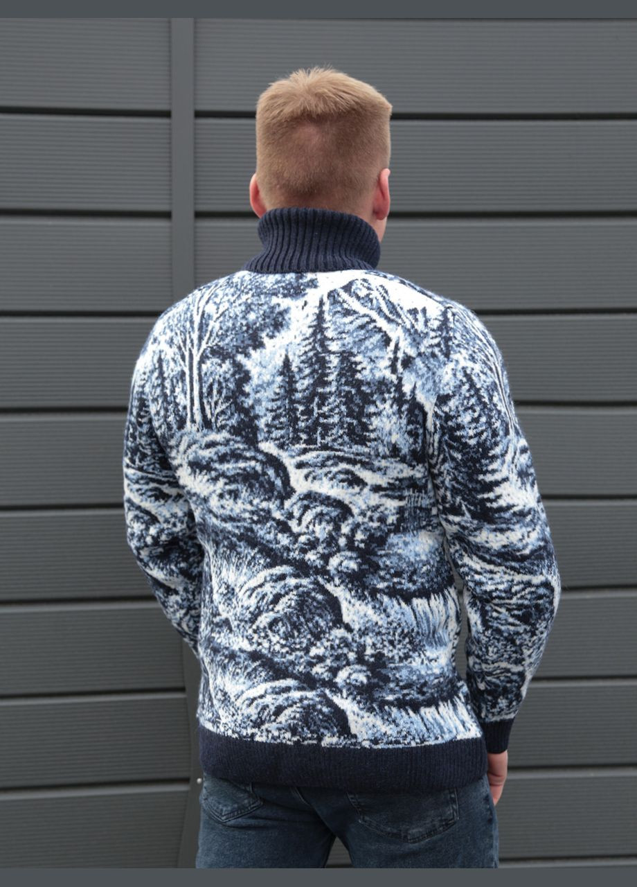Темно-синий зимний свитер мужской синий зимний с волком большой размер Pulltonic Пряма