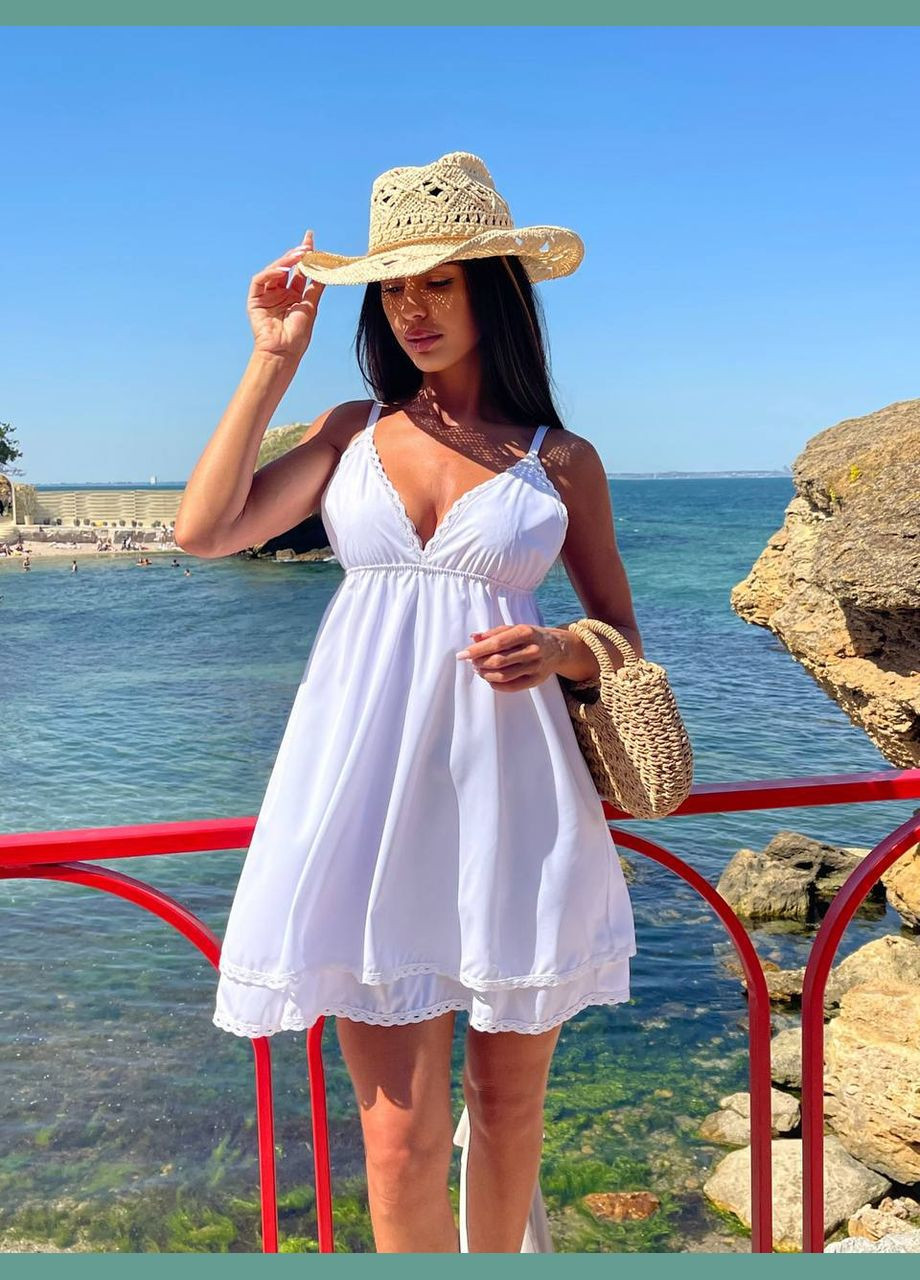 Білий повсякденний міні сукня на брітельках з мереживом з спідницею-сонце Adelante однотонна