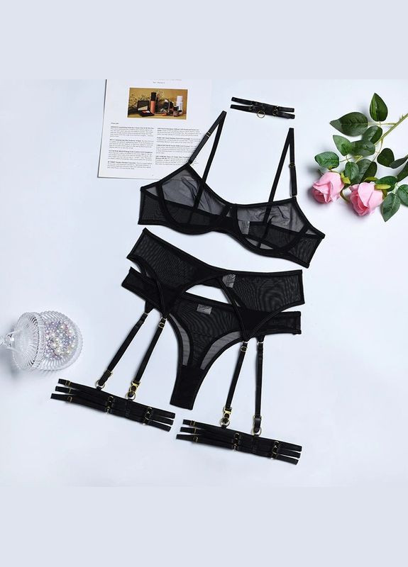 Черный демисезонный соблазнительный прозрачный комплект с поясом и чокером (668925143271) Vakko