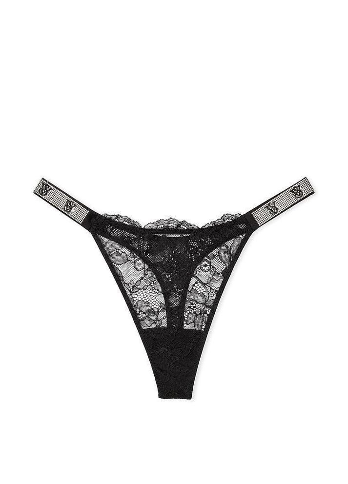 Жіночі трусики Shine Strap Lace Thong Panty мереживо зі стразами XS Чорні Victoria's Secret (282964643)