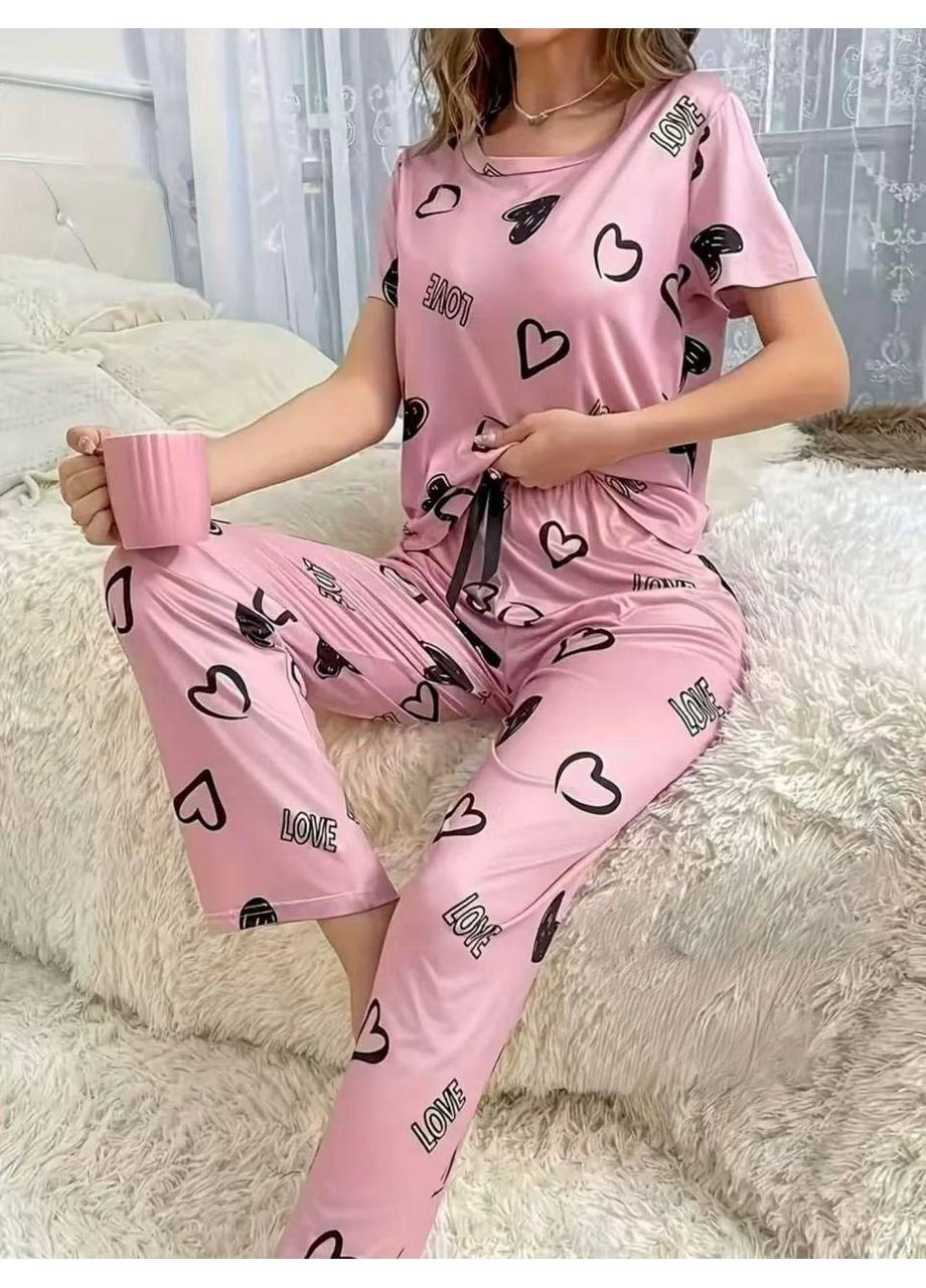 Розовая всесезон пижама из бамбуковой ткани с принтом сердечка — замеры в описании футболка + брюки DK/DL Мода без кордонів