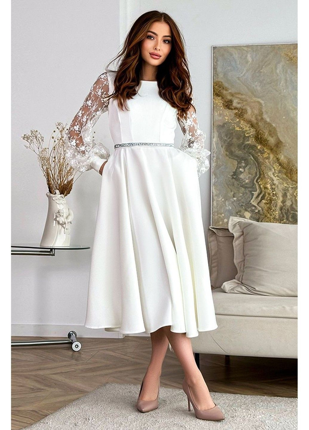 Молочное коктейльное платье прозрачные руковое 23076 молочное Tanita-Romario