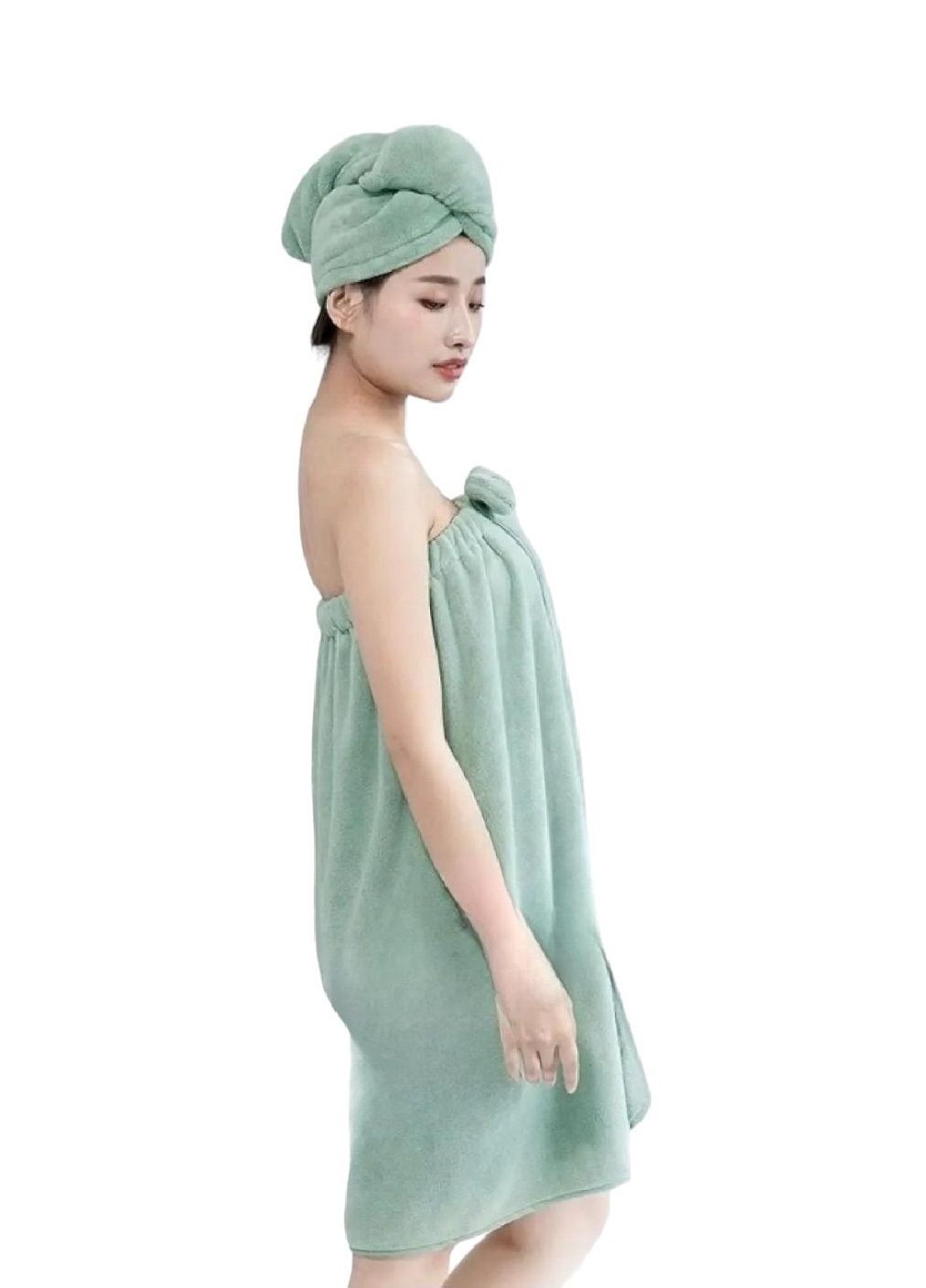 Unbranded комплект набор женский полотенце халат чалма для бани ванны сауны микрофибра 140х80 см (476435-prob) косичка салатовый однотонный салатовый производство -