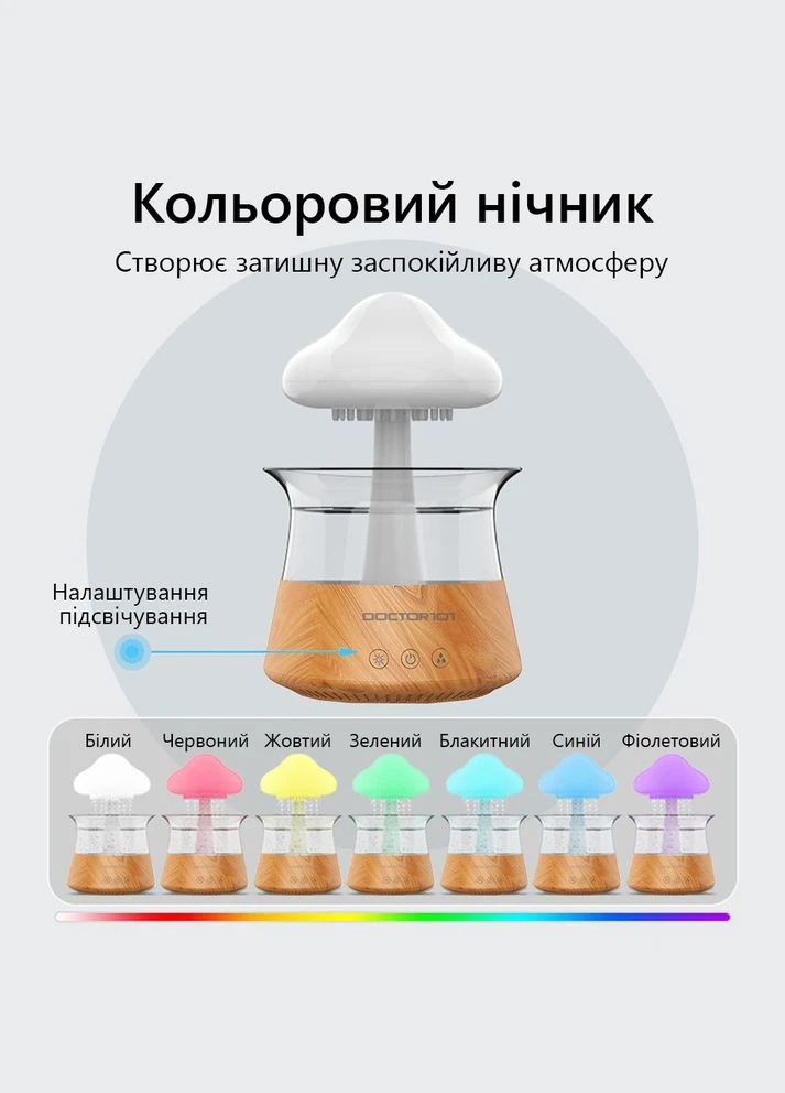 Атмосферний ультразвуковий зволожувач повітря нічник-гриб Rainfall з ефектом дощу і кольоровою підсвіткою Doctor-101 (300693566)