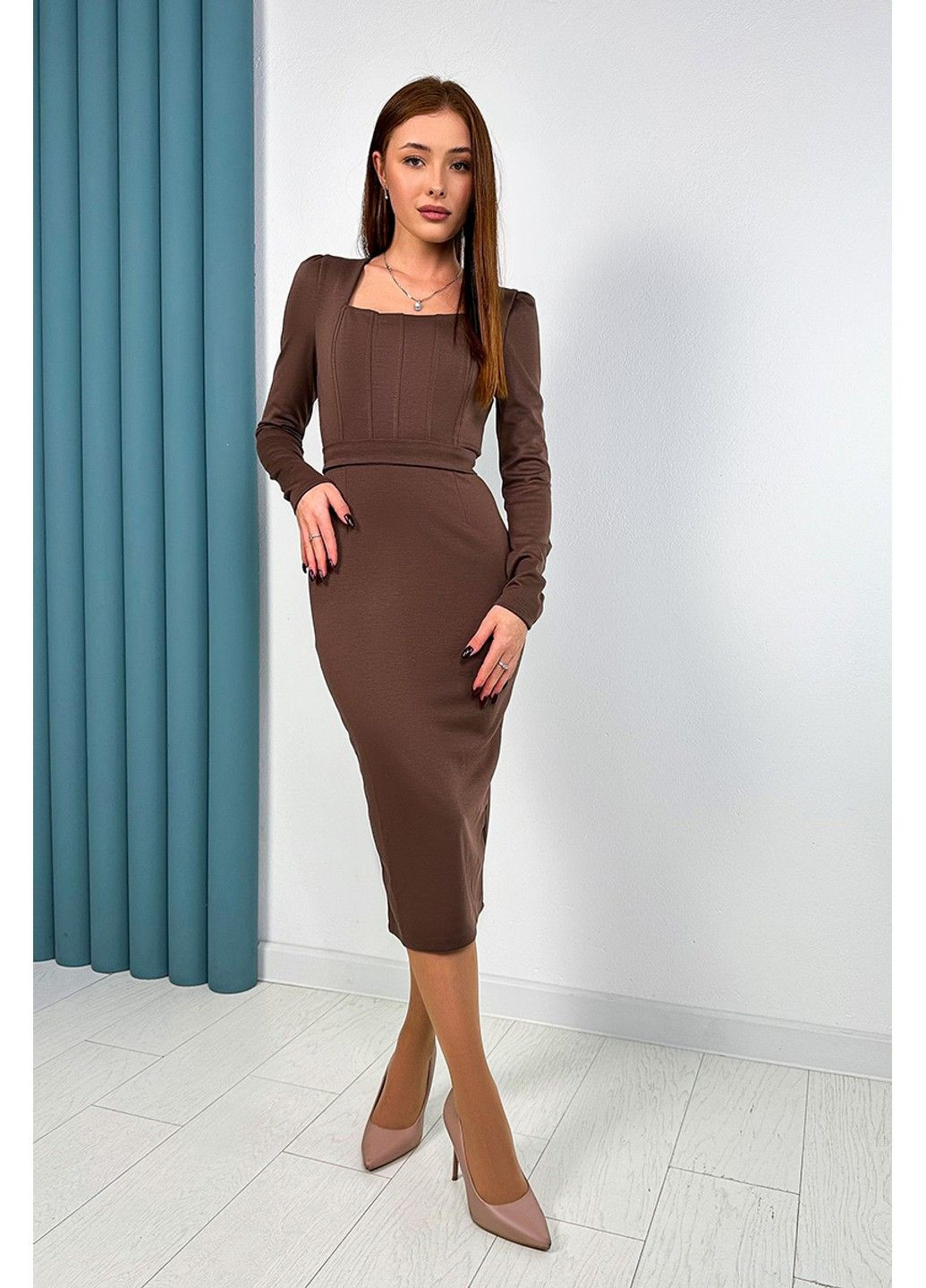 Коричнева коктейльна сукня пояс корсет 23077 шоколадна Tanita-Romario