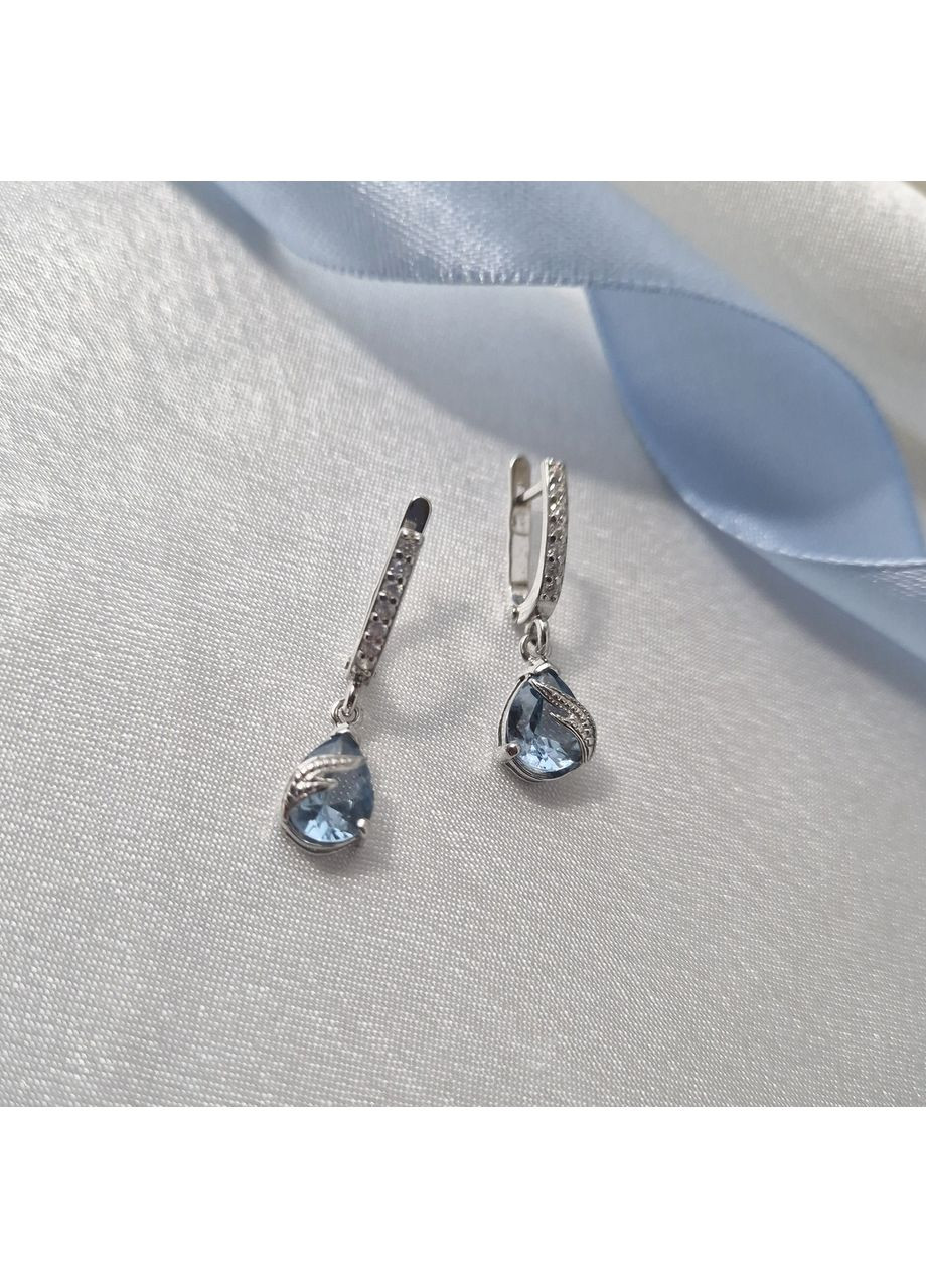 Серебряные длинные серёжки с подвеской Капельки с Голубыми камнями серебро 925 пробы Родированое 72239г 3.88г Nobrand (370438635)