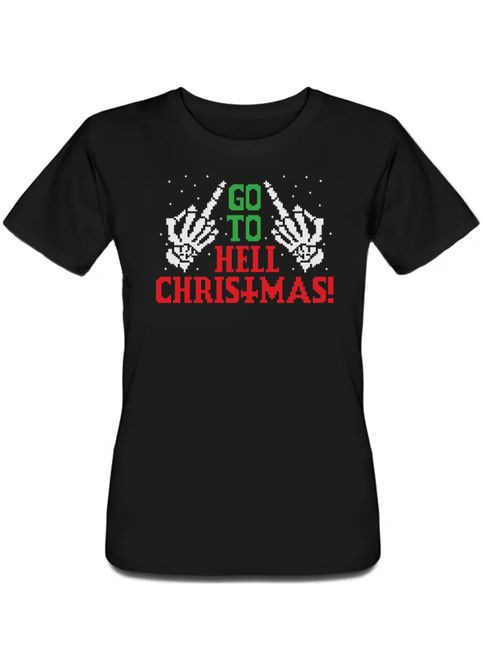 Черная летняя женская новогодняя футболка go to hell christmas! (чёрная) Fat Cat