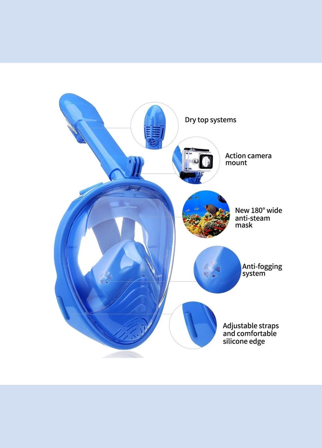 Повнолицьова маска для дайвінгу та снорклінгу Free Breath з трубкою та тримачем для камери Blue No Brand (346085417)