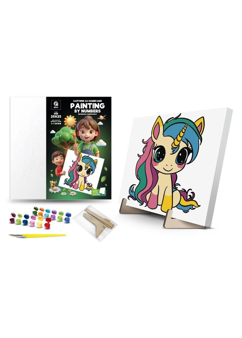 Набор для росписи по номерам 25х25 см. QB900-012/QB901-012 "Радужная Единорожка" с красками металлик, с деревянной подставкой qbee (368709344)