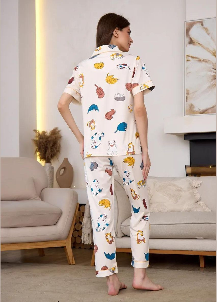 Белая всесезон женская пижама тройка домашний комплект 3 в 1 с принтом котиков стильный комфортный набор рубашка + шорты + брюки рубашка + шорты + брюки Cindylove