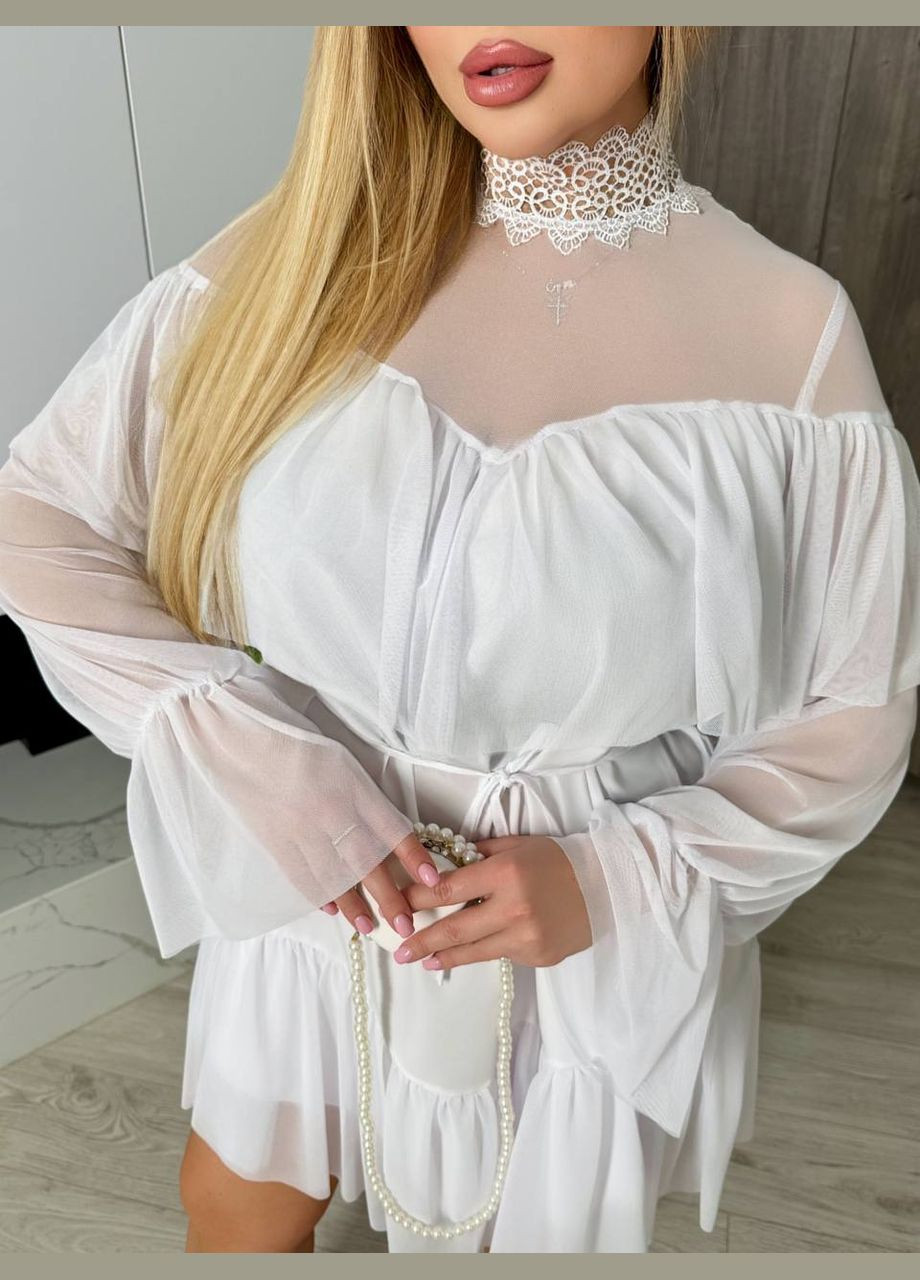 Белое праздничный, коктейльное, вечернее мини платье с кружевом а-силуэт Україна