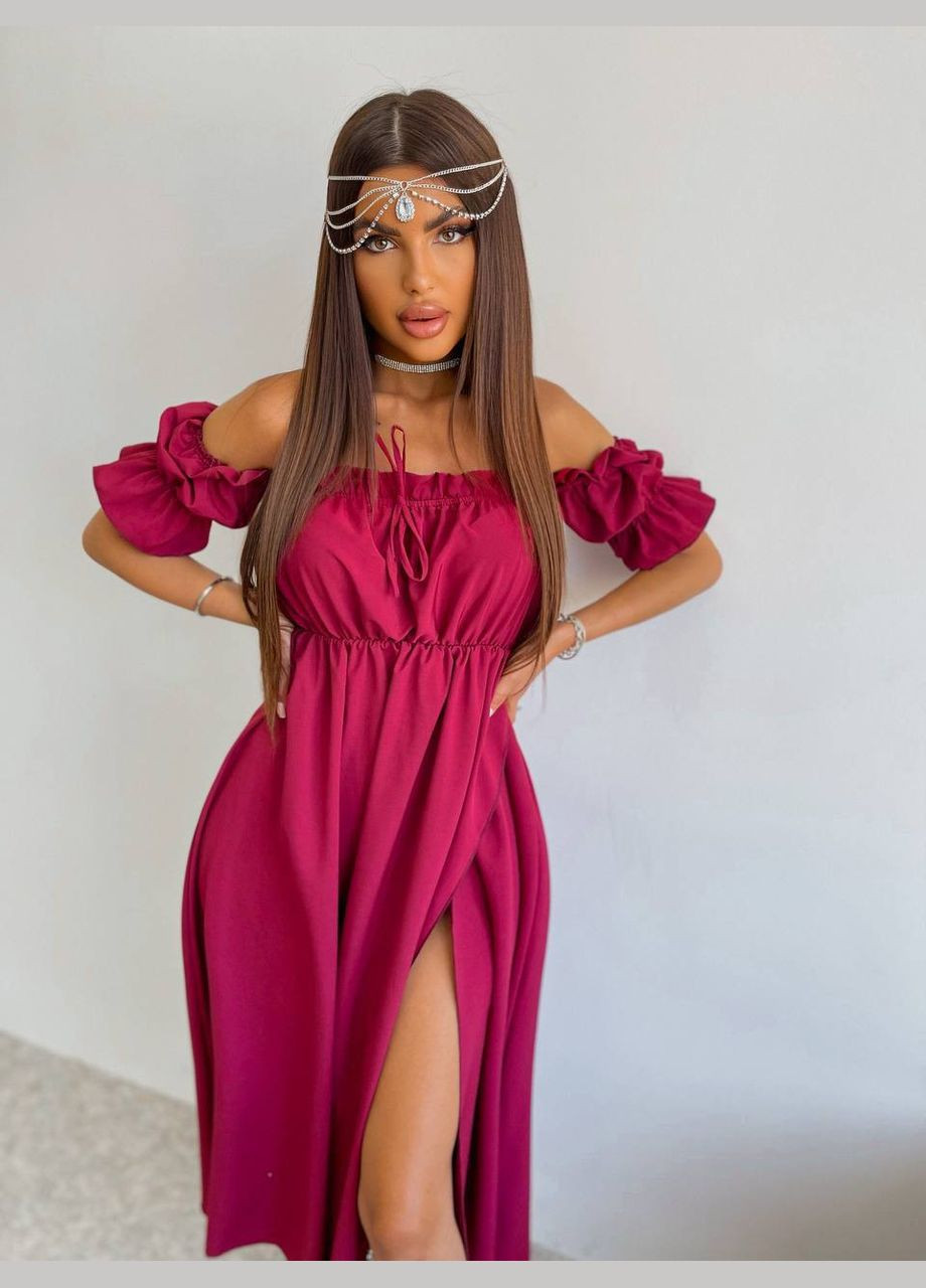 Бордовое вечернее платье меди с открытыми плечами с открытыми плечами MonCher