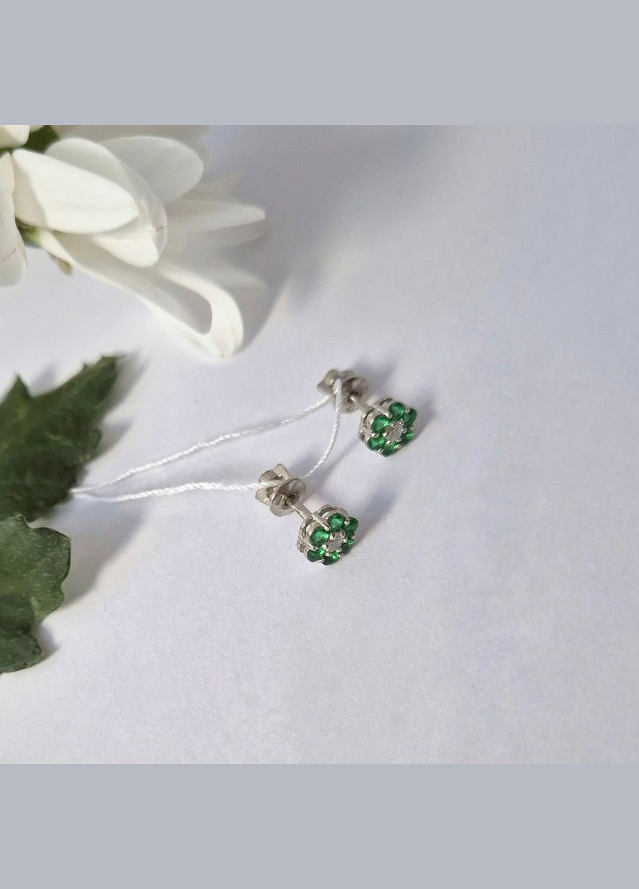 Срібні сережки гвоздики на закрутках Ромашка із Зеленими каменями срібло 925 проби Родоване 72226з 1.21г No Brand (306742981)