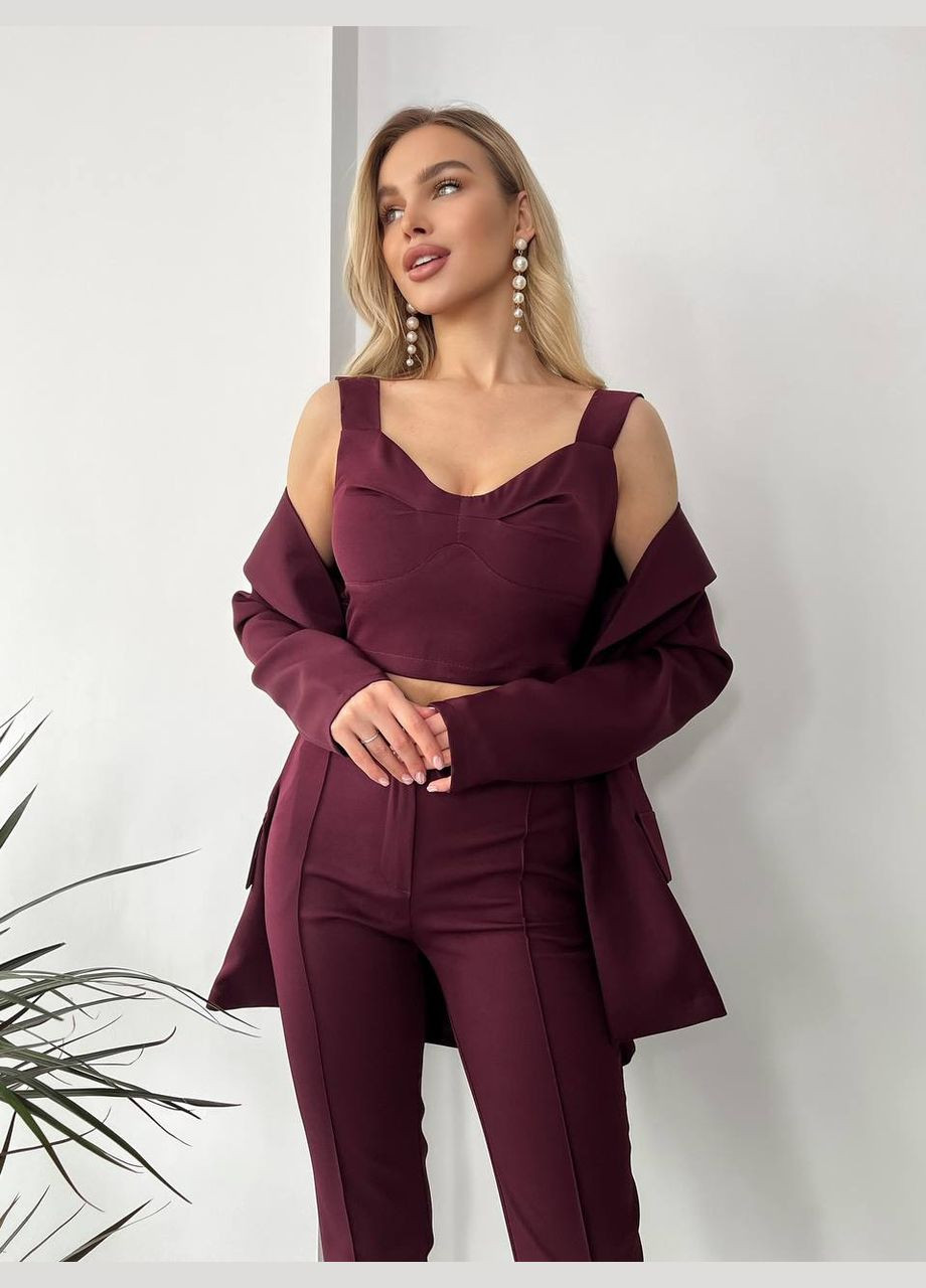 Жіночий стильний костюм-трійка кольору марсала 25781 No Brand (323641955)