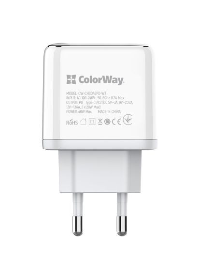 Зарядное устройство ) (40W) white (CW-CHS048PD-WT) Colorway Power Delivery Port PPS USB (Type-C PD + Type-C PD (369881296)