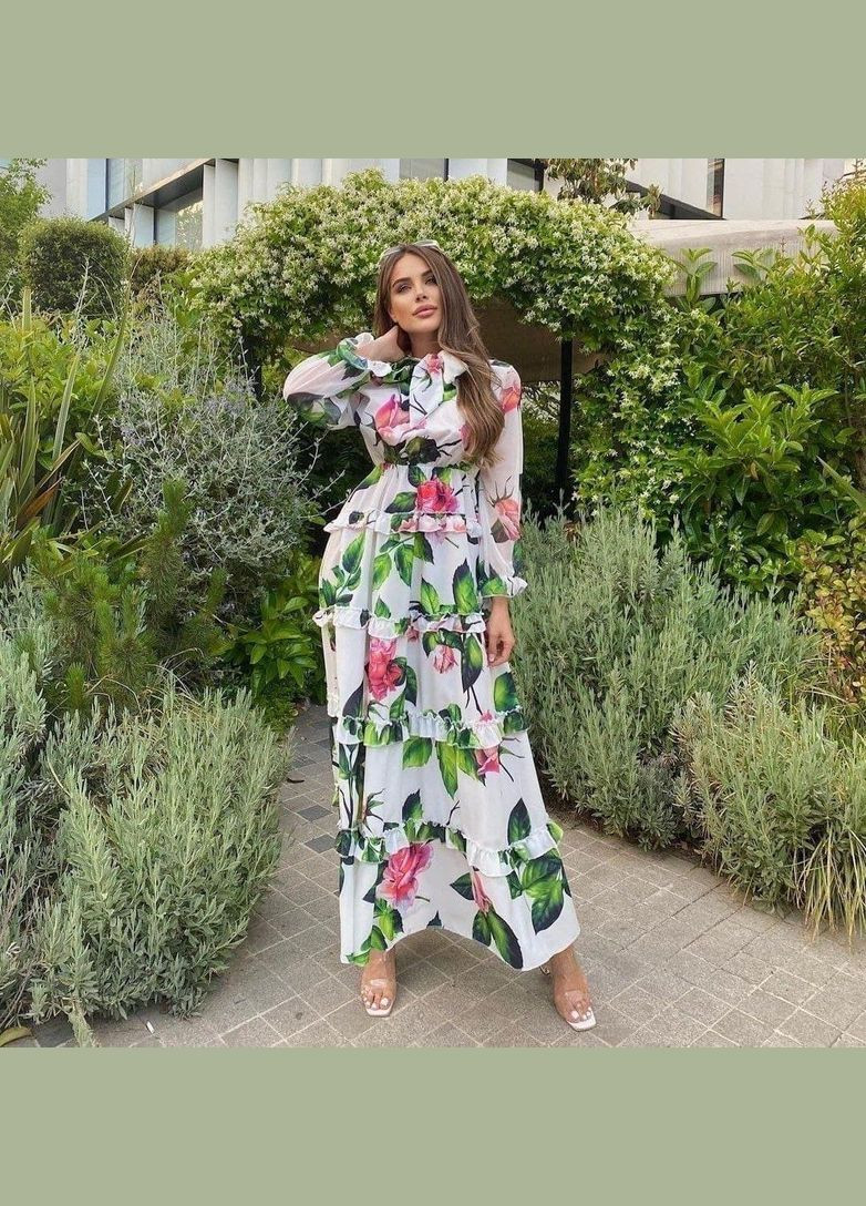 Білий повсякденний, коктейльна, вечірня сукня жіноча довга білого кольору з пишною спідницею No Brand з квітковим принтом