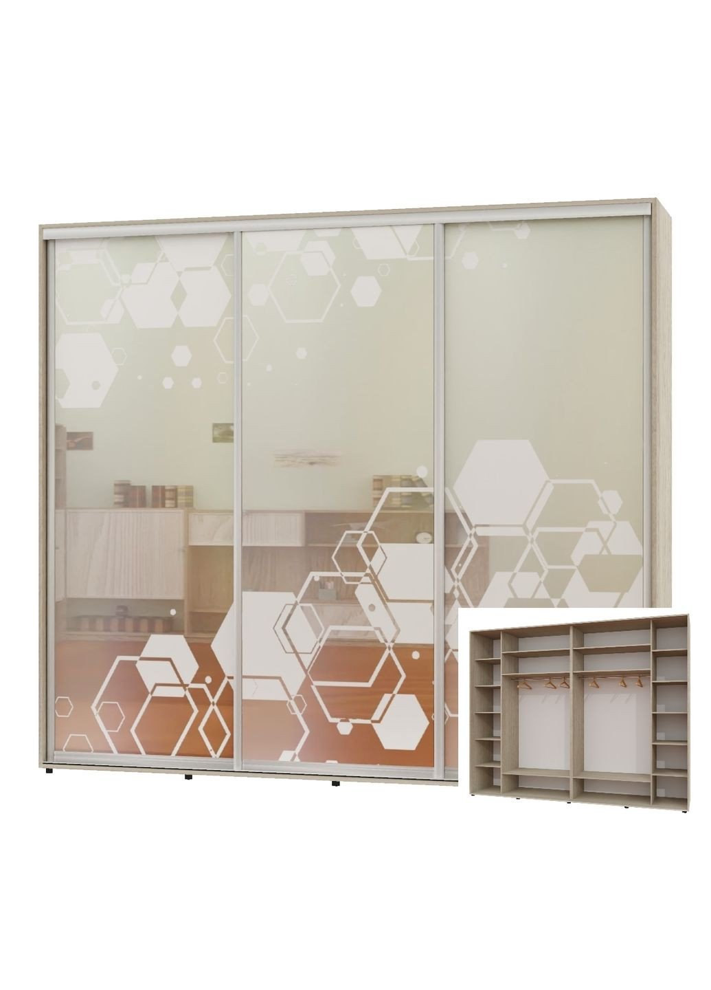 Шафа-купе тридверна 300*60*230 Дуб Шамони світлий Дзеркало з піскострумним малюнком Люкс-149 Алекса (360446397)