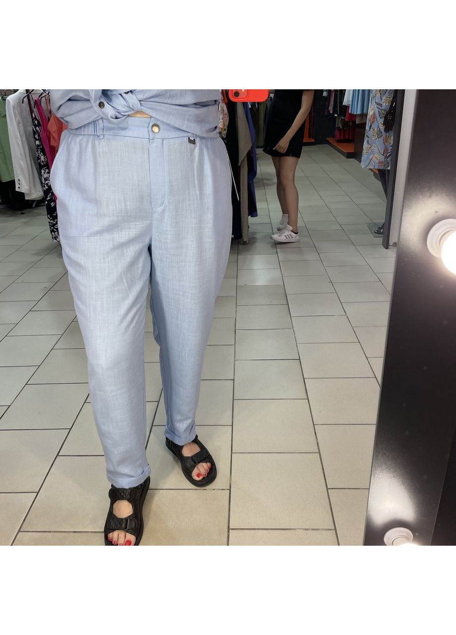 Женские голубые брюки лен батал No Brand (354331887)