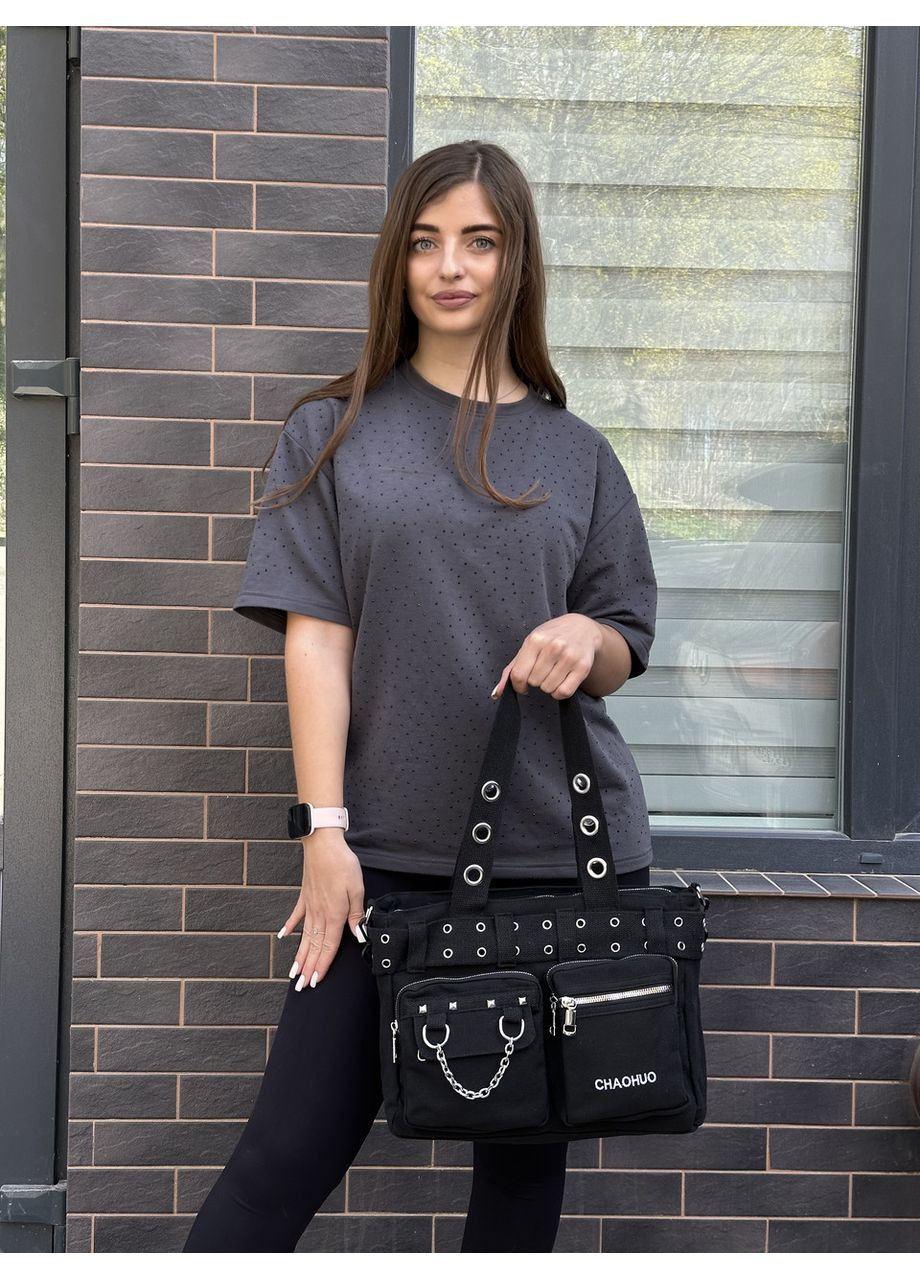 Женская холщовая молодежная текстильная сумка с кольцами и цепочкой черная No Brand (350613252)