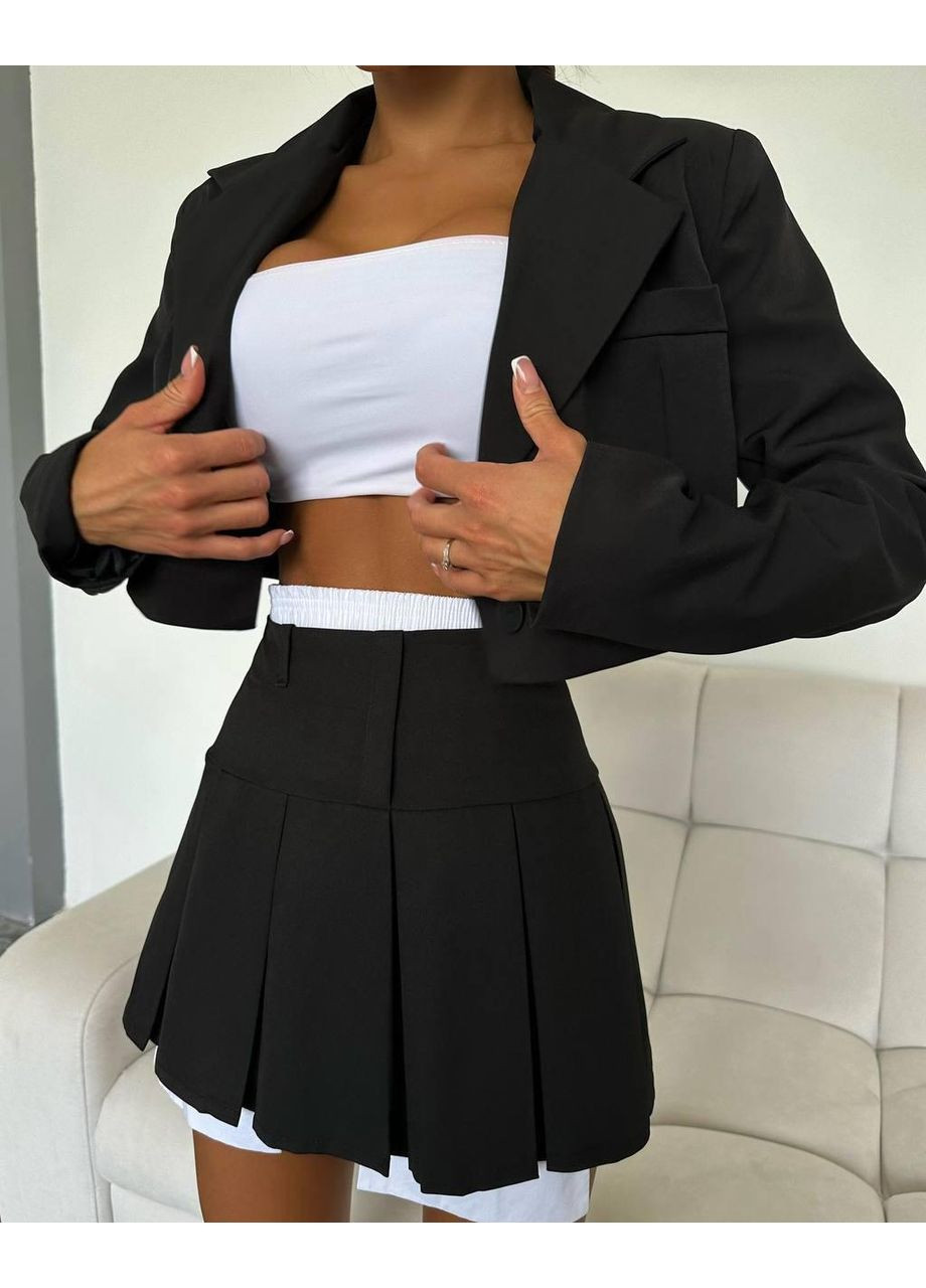 Женский костюм с юбкой-плиссе и укороченным жакетом S М черный No Brand (356567912)