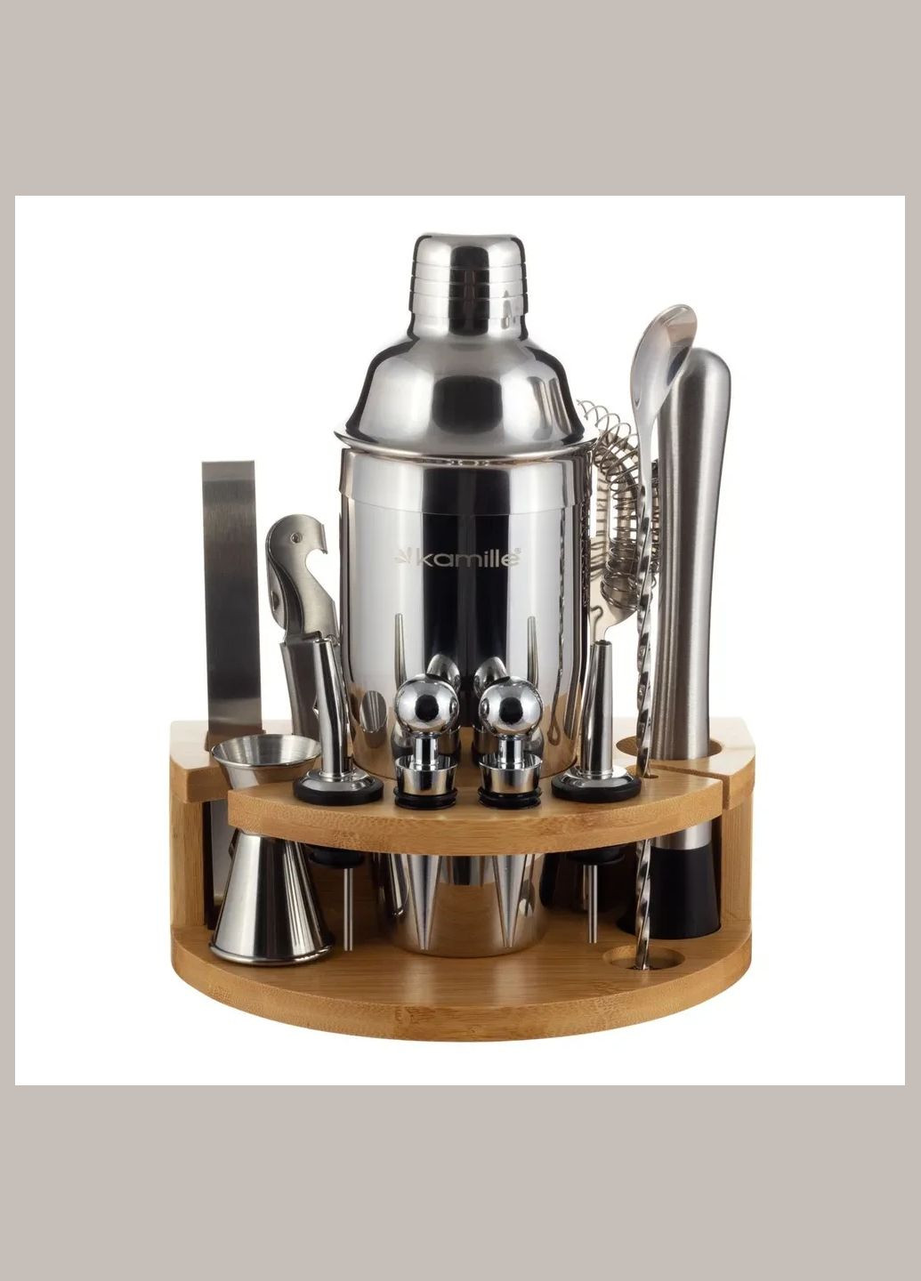 Набір бармена 11 предметів з підставкою, нержавіюча сталь + бамбук KM-7762 Kamille (341537472)